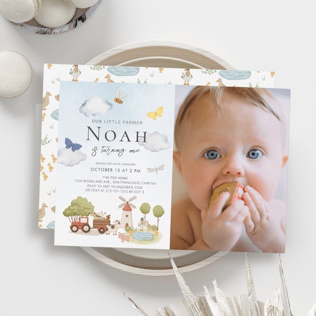 Little Farmer Farm Animals 1st Birthday Photo Invitation (Creator Uploaded)