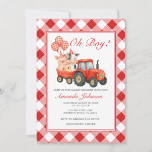 Little Farmer Gingham Tractor Baby Shower Animals Invitation