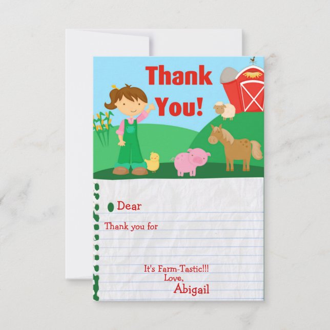 Little Farmer Girl Birthday Party Thank You Card (Front)