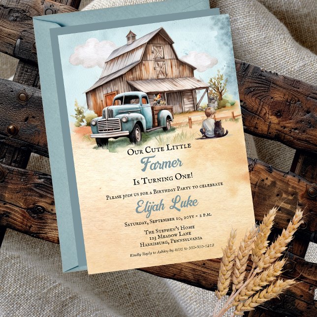 Little Farmer Is Turning One 1st Birthday Party Invitation ("Our Cute Little Farmer Is Turning One!" Boy 1st Birthday Party Rustic Truck | Barn Invitation)
