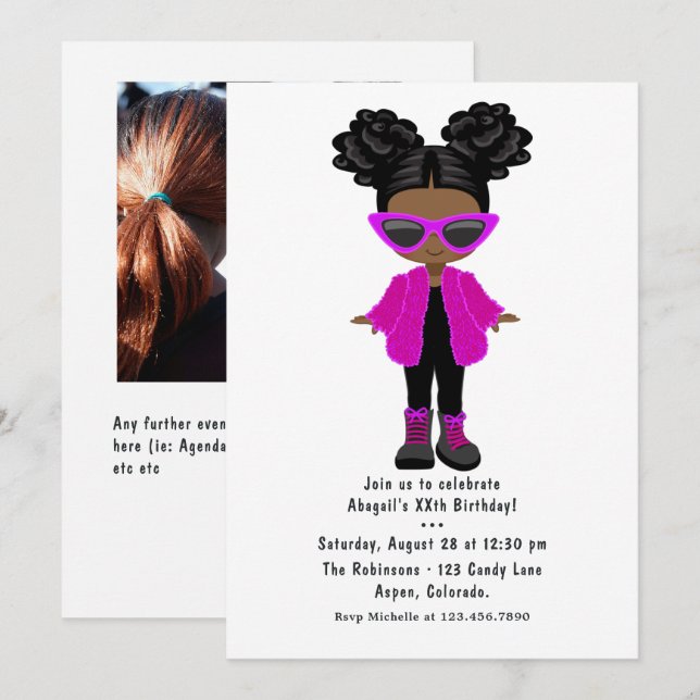 Little Fashion Black Girl Party Photo Invitation (Front/Back)