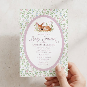 Little Fawn Cottagecore Pink Baby Girl Baby Shower Invitation