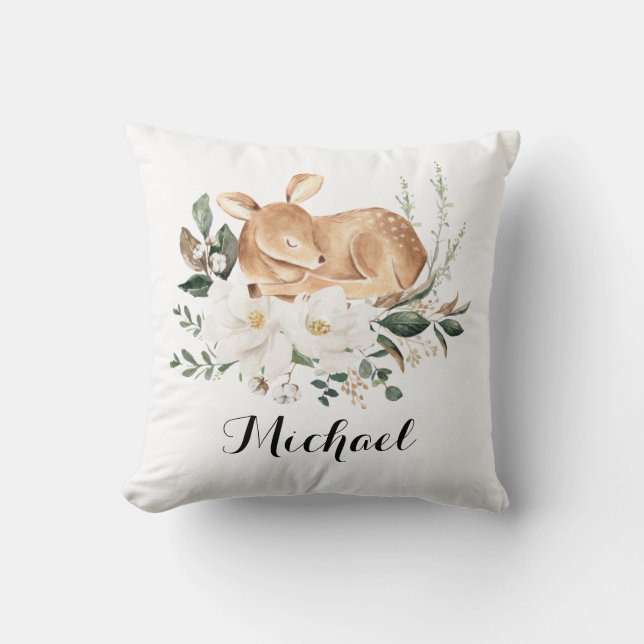 Little Fawn Forest Deer Magnolia Greenery Nursery Cushion (Front)