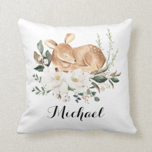 Little Fawn Forest Deer Magnolia Greenery Nursery Cushion