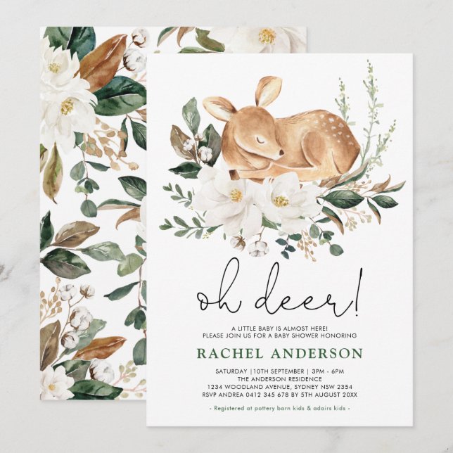 Little Fawn | Forest Deer White Floral Baby Shower Invitation (Front/Back)