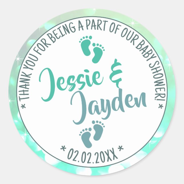 Little Feet Light Teal Ombre Baby Shower Boy Twins Classic Round Sticker (Front)