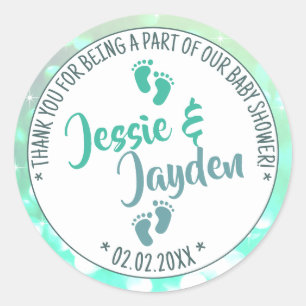 Little Feet Light Teal Ombre Baby Shower Boy Twins Classic Round Sticker