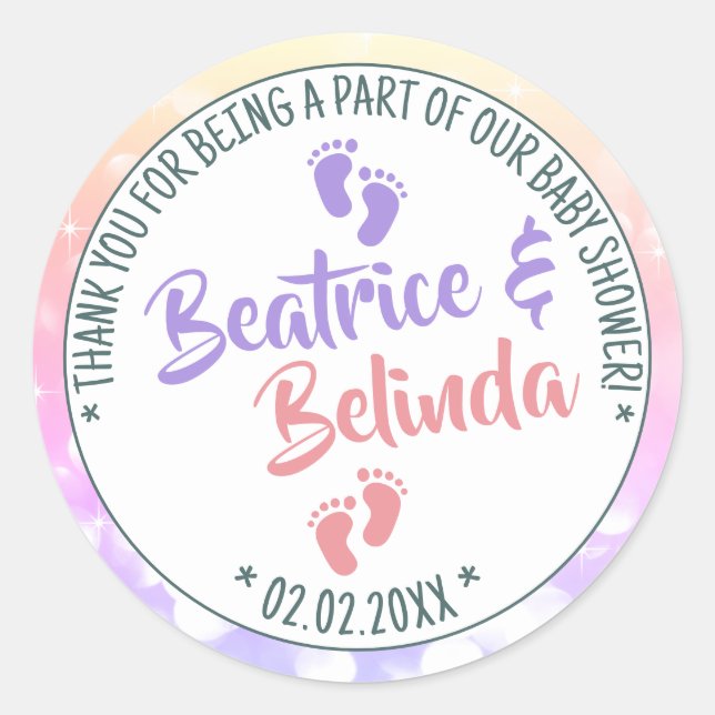 Little Feet Rainbow Ombre Baby Shower Girls Twins Classic Round Sticker (Front)