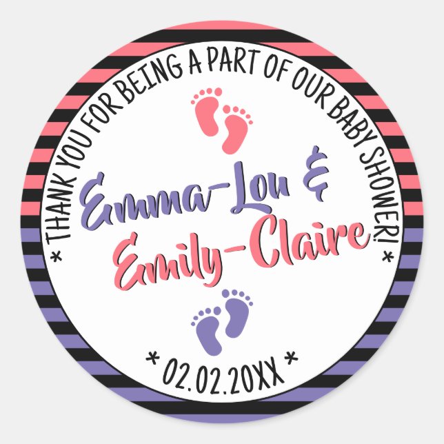 Little Feet Striped Pattern Baby Shower Girl Twins Classic Round Sticker (Front)
