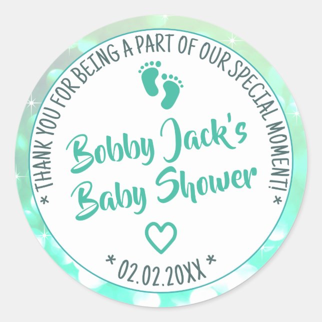 Little Feets Light Teal Ombre Baby Shower Favour Classic Round Sticker (Front)
