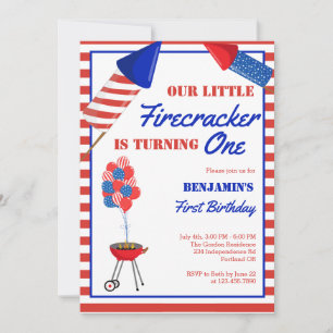 Little Firecracker 1st Birthday 4th of July USA Invitation
