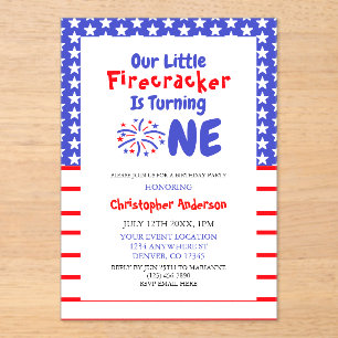 Little Firecracker 1st Birthday Acrylic Invitations
