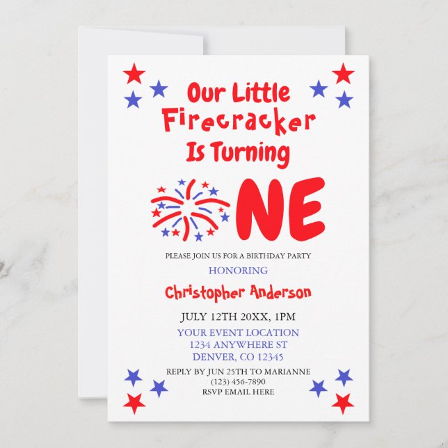 Little Firecracker 1st Birthday Invitation (Front)