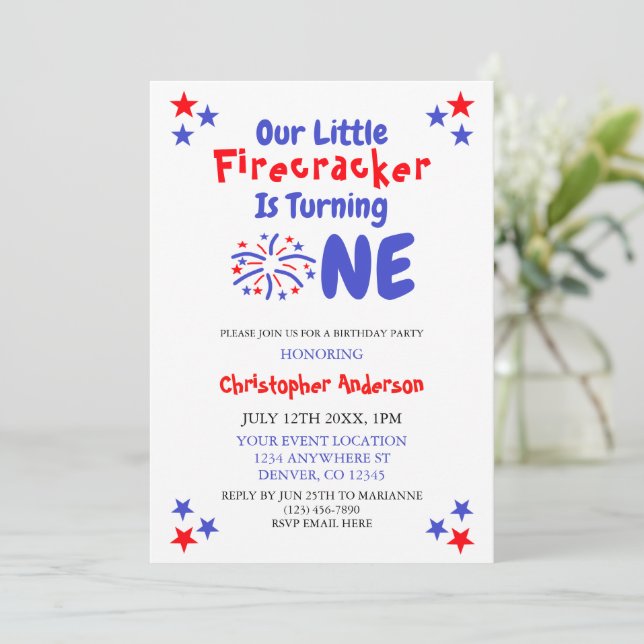 Little Firecracker 1st Birthday Invitation (Standing Front)