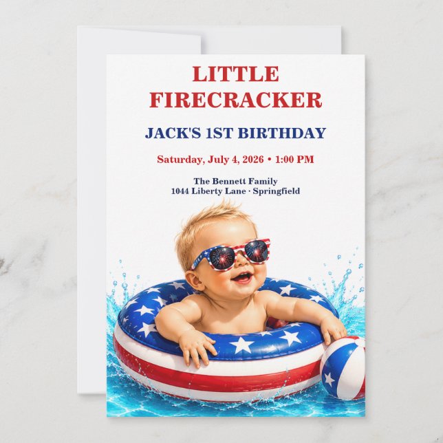 Little Firecracker 1st Birthday Patriotic  Invitation (Front)
