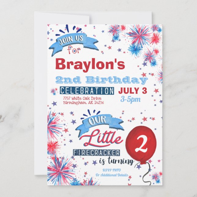 Little Firecracker 2nd Birthday Invitation (Front)