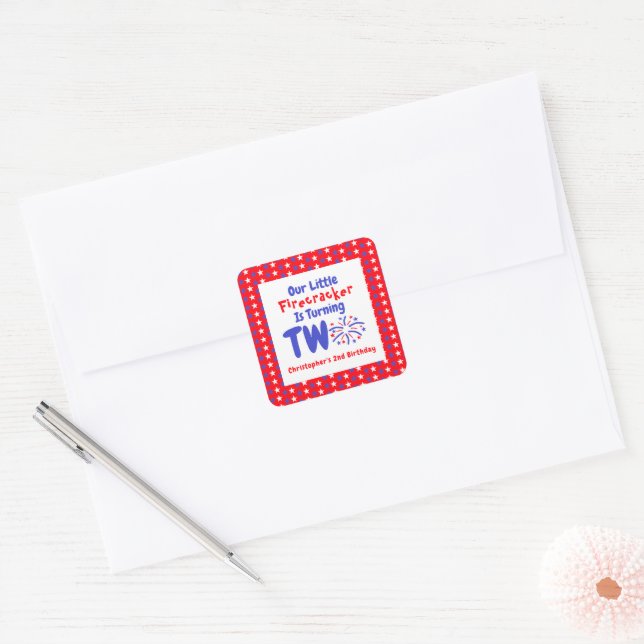 Little Firecracker 2nd Birthday Square Sticker (Envelope)