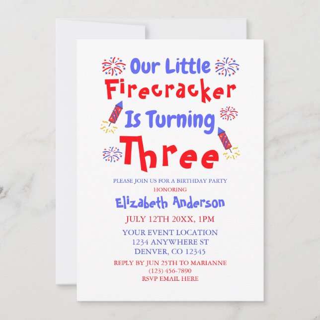 Little Firecracker 3rd Birthday Invitation (Front)