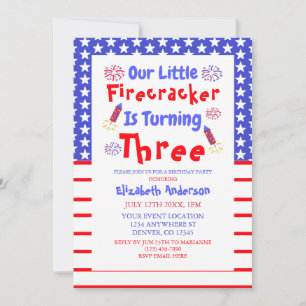 Little Firecracker 3rd Birthday Invitation