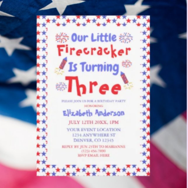 Little Firecracker 3rd Birthday Invitation (Creator Uploaded)