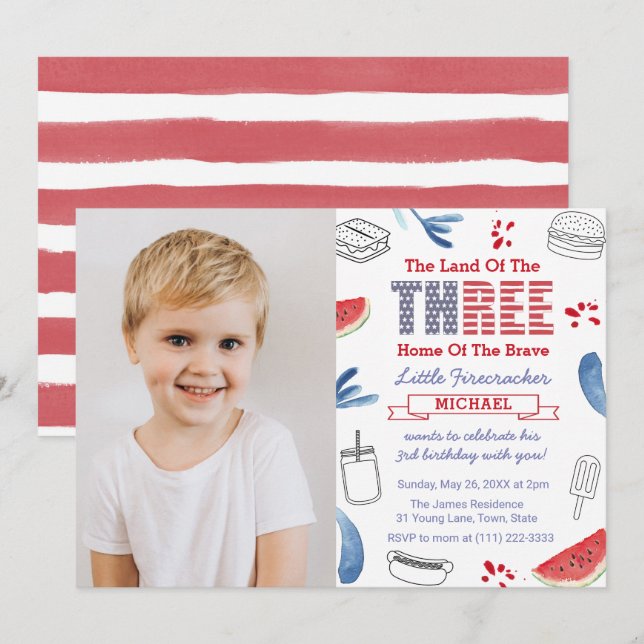 Little Firecracker 3rd Birthday Party Picture Invitation (Front/Back)