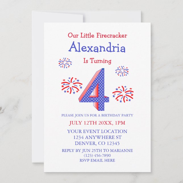 Little Firecracker 4th Birthday Invitation (Front)