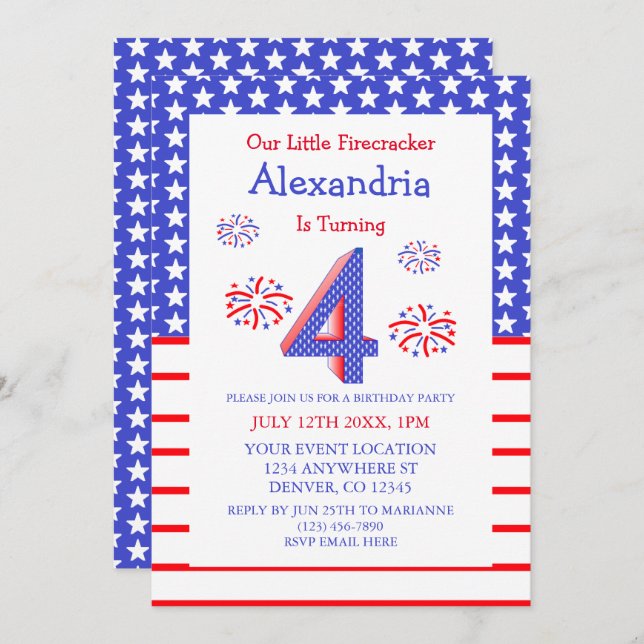 Little Firecracker 4th Birthday Invitation (Front/Back)