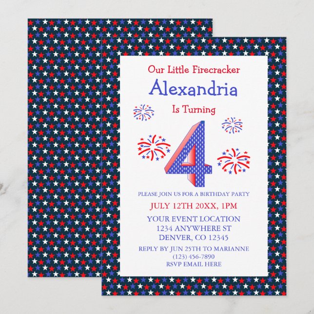 Little Firecracker 4th Birthday Invitation (Front/Back)