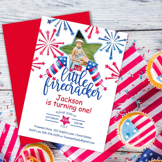 Little Firecracker 4th July First Birthday Photo Invitation (Creator Uploaded)