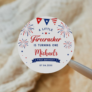 Little Firecracker 4th of July 1st Birthday Classic Round Sticker