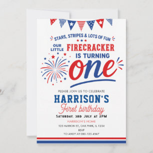 Little Firecracker 4th of July 1st Birthday Invitation