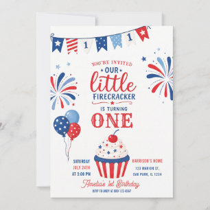 Little Firecracker 4th of July 1st Birthday Invitation