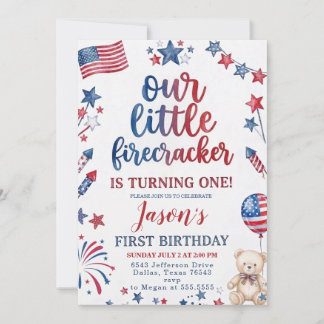Little Firecracker 4th of July 1st Birthday Invitation