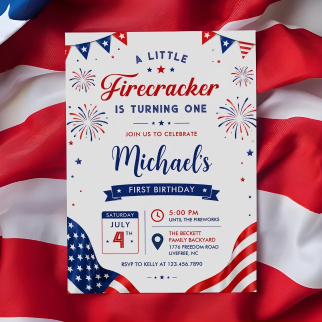 Little Firecracker 4th of July 1st Birthday Invitation (Creator Uploaded)