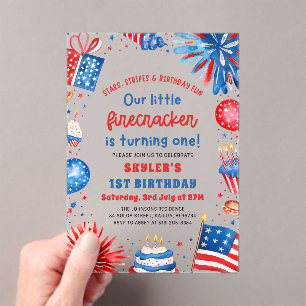 Little Firecracker 4th of July 1st Birthday Party Acrylic Invitations
