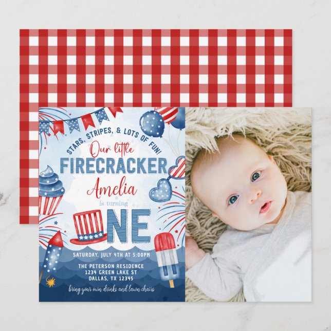 Little Firecracker 4th of July 1st Birthday Party Invitation (Front/Back)
