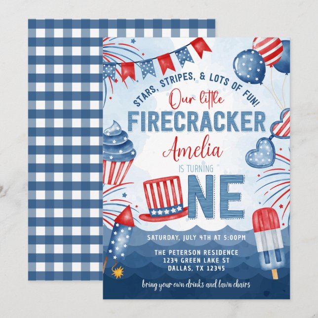 Little Firecracker 4th of July 1st Birthday Party Invitation (Front/Back)