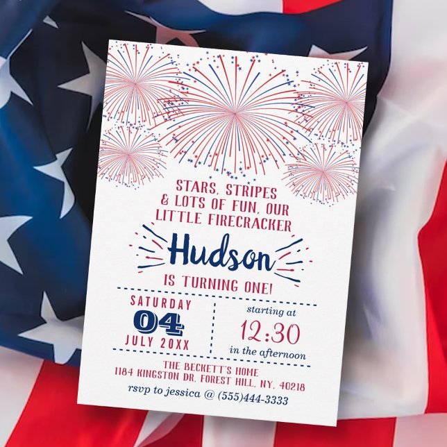 Little Firecracker 4th Of July 1st Birthday Party Invitation (Creator Uploaded)