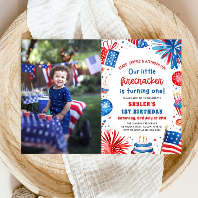 Little Firecracker 4th of July 1st Birthday Party Invitation (Watercolor Patriotic Little Firecracker 4th of July 1st Birthday Party Invitation)