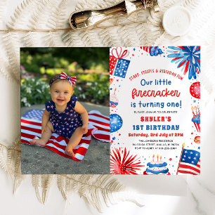 Little Firecracker 4th of July 1st Birthday Party Invitation