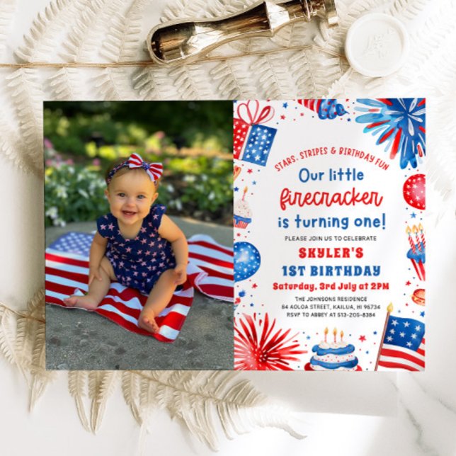 Little Firecracker 4th of July 1st Birthday Party Invitation (Watercolor Patriotic Little Firecracker 4th of July 1st Birthday Party Invitation)