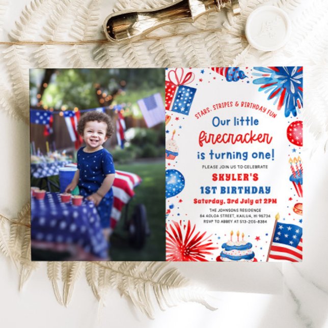 Little Firecracker 4th of July 1st Birthday Party Invitation (Watercolor Patriotic Little Firecracker 4th of July 1st Birthday Party Invitation)
