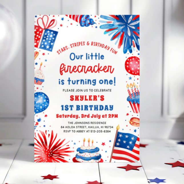 Little Firecracker 4th of July 1st Birthday Party Invitation (Creator Uploaded)