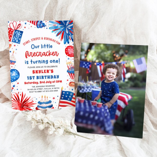 Little Firecracker 4th of July 1st Birthday Party Invitation (Watercolor Patriotic Little Firecracker 4th of July 1st Birthday Party Invitation)