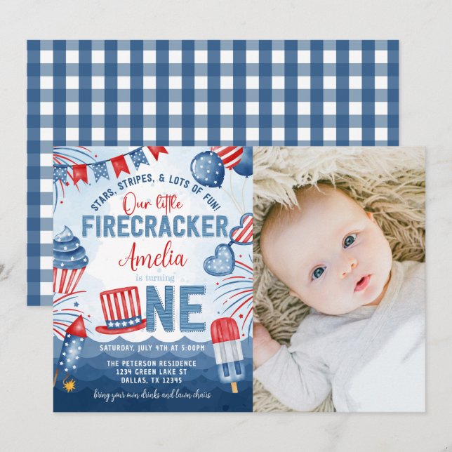 Little Firecracker 4th of July 1st Birthday Party Invitation (Front/Back)