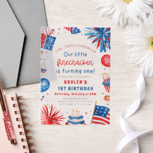 Little Firecracker 4th of July 1st Birthday Party Vellum Invitations