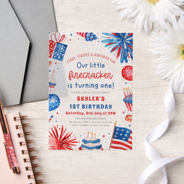 Little Firecracker 4th of July 1st Birthday Party Vellum Invitations (Wedding)