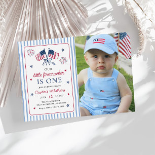 Little Firecracker 4th of July 1st Birthday Photo Invitation