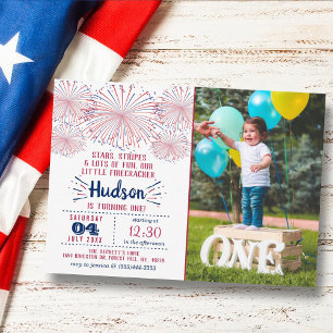 Little Firecracker 4th Of July 1st Birthday Photo Invitation