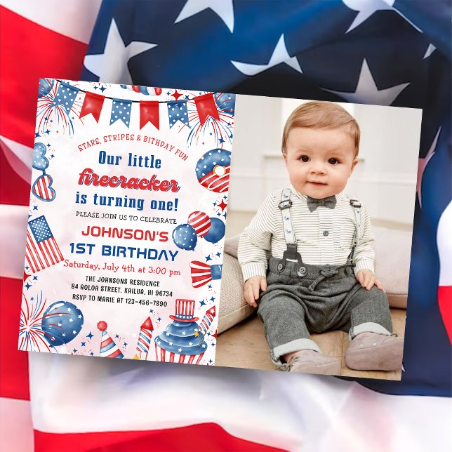 Little Firecracker 4th Of July 1st Birthday Photo Invitation (Creator Uploaded)